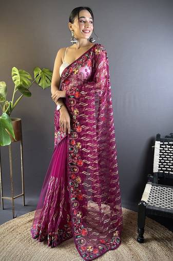 Mesmerizing wine designer chain stitch embroidered butterfly net fabric indian designer saree