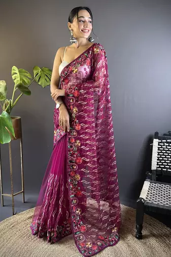 wine designer chain stitch embroidered butterfly net saree
