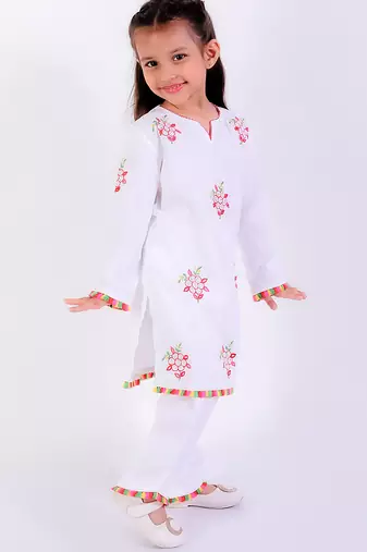 White cotton embroidered kurta set