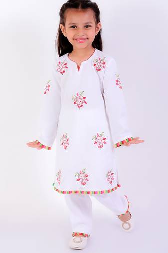 White cotton embroidered kurta set