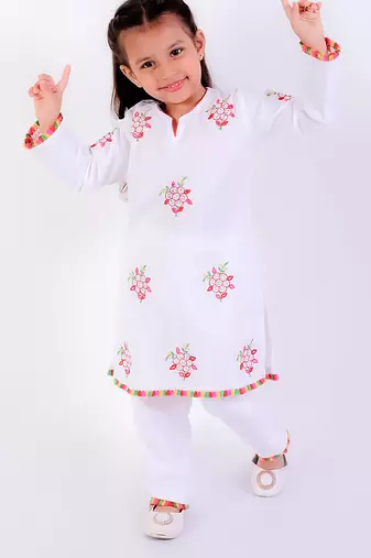 White cotton embroidered kurta set