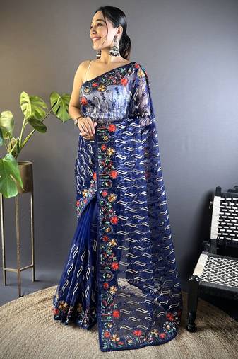 Catching blue designer chain stitch embroidered butterfly net fabric indian designer saree