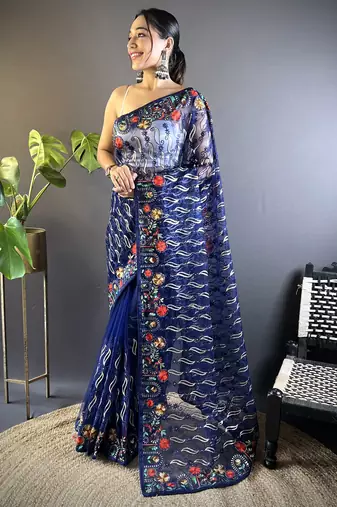 blue designer chain stitch embroidered butterfly net saree