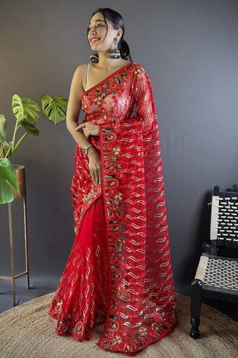 Delightful red designer chain stitch embroidered butterfly net fabric indian designer saree