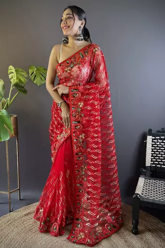 Delightful red designer chain stitch embroidered butterfly net fabric indian designer saree