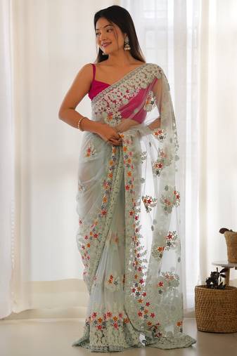 Bewitching light sky-blue multi color thread and aari embroidered with stone work butterfly net fabric indian saree