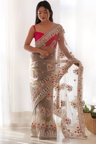 Fetching light brown multi color thread and aari embroidered with stone work butterfly net fabric indian designer saree
