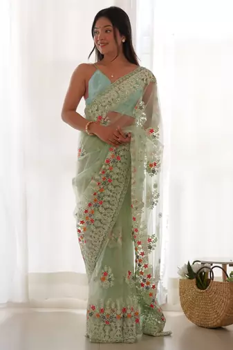 Glamourous light sea-green multi color thread and aari embroidered with stone work butterfly net fabric indian saree