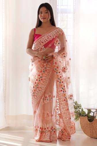 Glamorous light peach multi color thread and aari embroidered with stone work butterfly net fabric indian designer saree