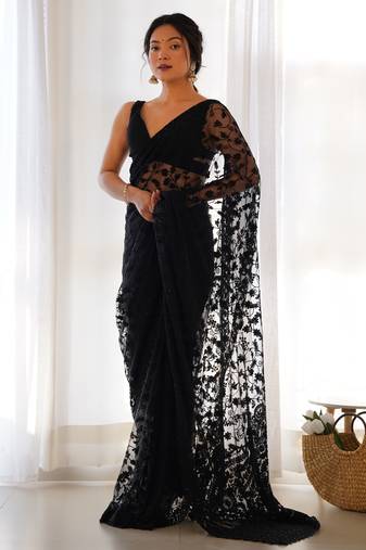 Graceful black tone to tone aari embroidered with stone work butterfly net fabric indian designer saree