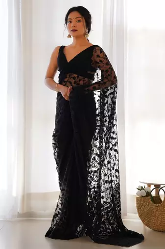 Graceful black tone to tone aari embroidered with stone work butterfly net fabric indian designer saree