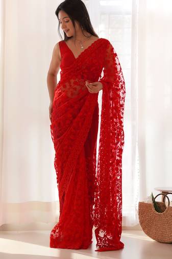 Charming red tone to tone aari embroidered with stone work butterfly net fabric indian designer saree