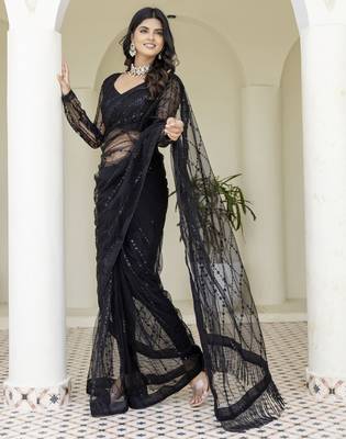 Beautifully black sequins and thread embroidered with stone work Soft Mono Net fabric designer saree 1