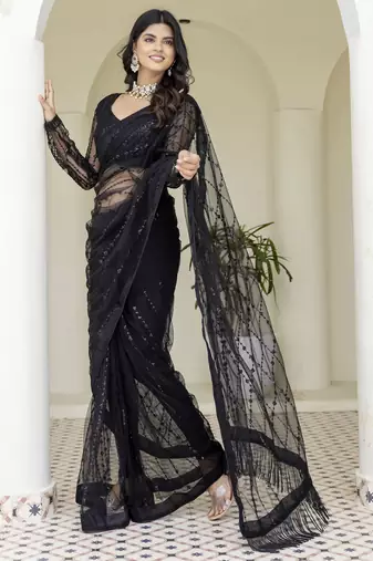 Beautifully black sequins and thread embroidered with stone work Soft Mono Net fabric indian designer saree