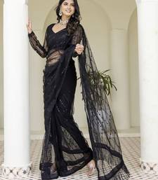 Beautifully black sequins and thread embroidered with stone work Soft Mono Net fabric designer saree