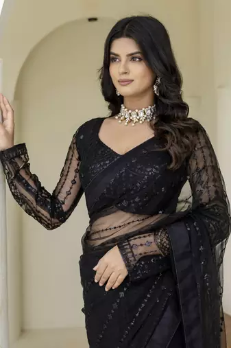 Beautifully black sequins and thread embroidered with stone work Soft Mono Net fabric indian designer saree