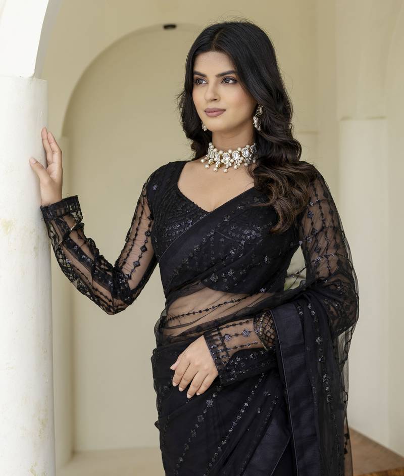 Beautifully black sequins and thread embroidered with stone work Soft Mono Net fabric indian designer saree