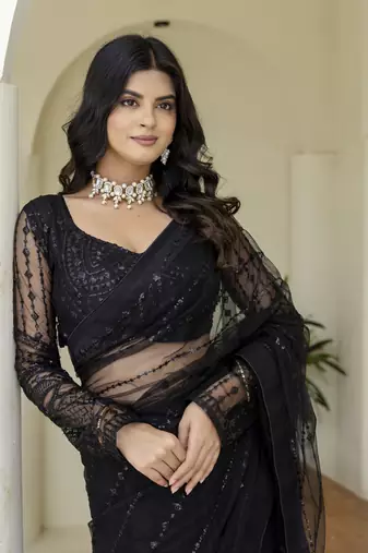 Beautifully black sequins and thread embroidered with stone work Soft Mono Net fabric indian designer saree
