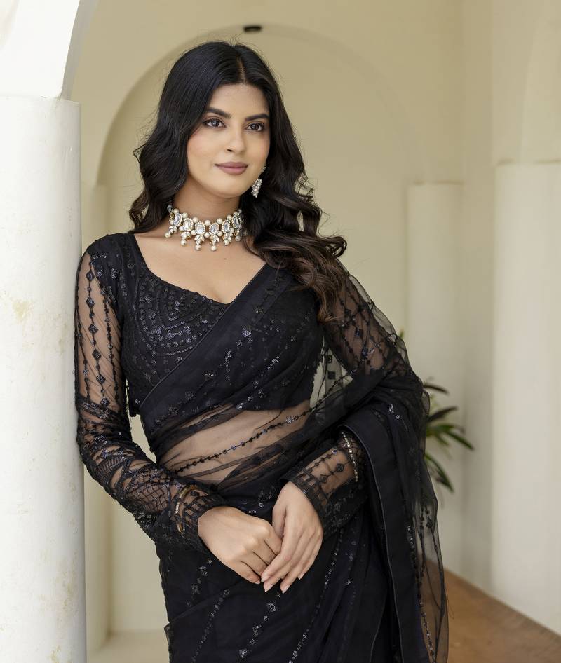 Beautifully black sequins and thread embroidered with stone work Soft Mono Net fabric indian designer saree