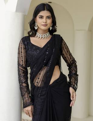 Beautifully black sequins and thread embroidered with stone work Soft Mono Net fabric designer saree 4