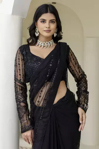 Beautifully black sequins and thread embroidered with stone work Soft Mono Net fabric indian designer saree