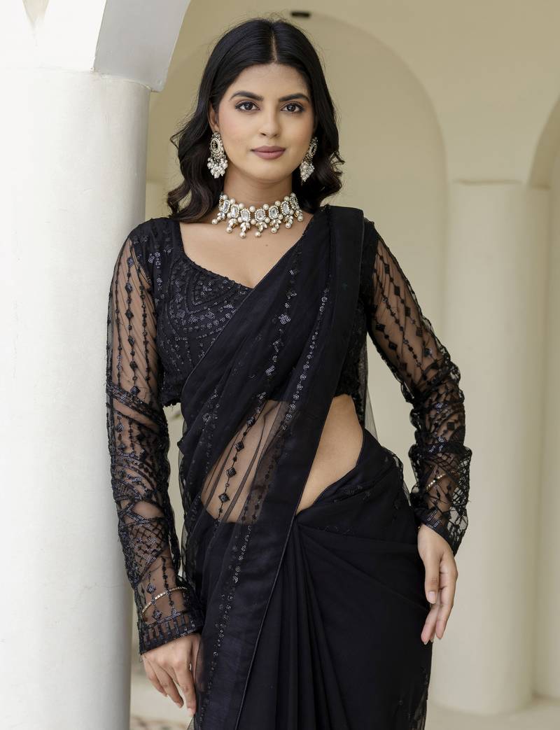 Beautifully black sequins and thread embroidered with stone work Soft Mono Net fabric indian designer saree