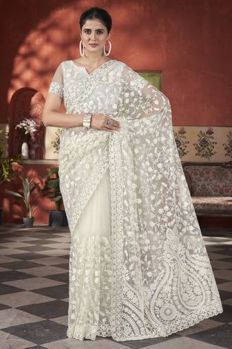 Dazzling off-white tone to tone aari embroidered with stone work butterfly net fabric indian designer saree
