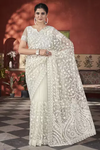 Dazzling off-white tone to tone aari embroidered with stone work butterfly net fabric indian designer saree