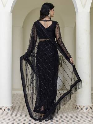 Beautifully black sequins and thread embroidered with stone work Soft Mono Net fabric designer saree 5