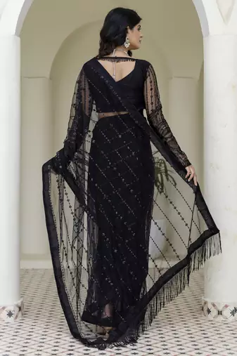 Beautifully black sequins and thread embroidered with stone work Soft Mono Net fabric indian designer saree