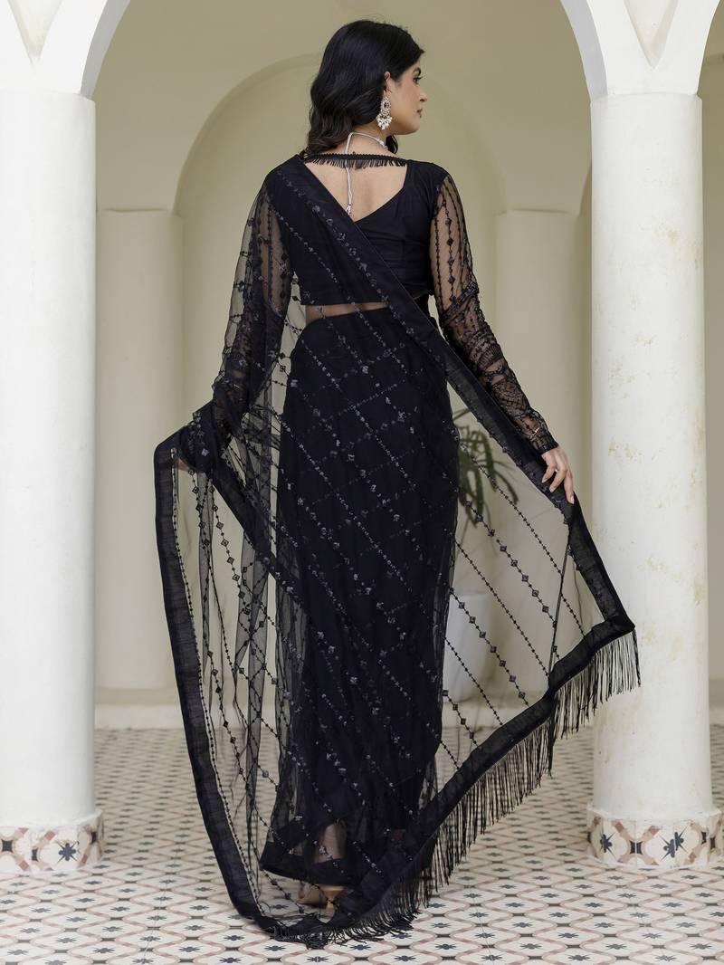 Beautifully black sequins and thread embroidered with stone work Soft Mono Net fabric indian designer saree