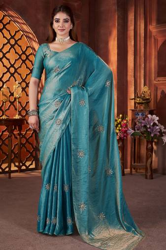 Ravishing teal all over beads & pipe hand work butta fandy satin silk fabric indian designer saree
