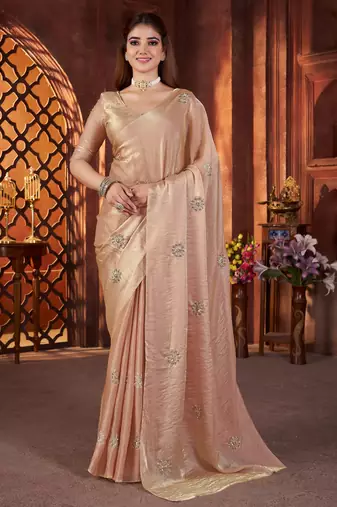 Irresistible beige all over beads & pipe hand work butta fandy satin silk fabric indian designer saree