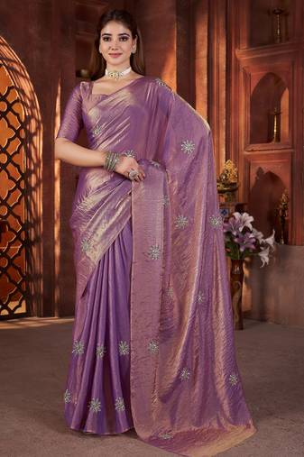 Appealing purple all over beads & pipe hand work butta fandy satin silk fabric indian designer saree