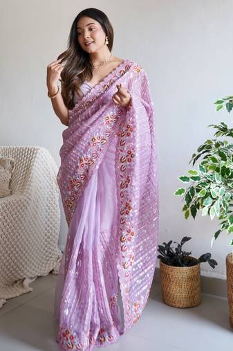 lavender multy thread with 5mm sequin embroidered organza silk blend saree