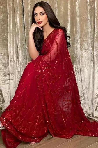 red georgette sequin saree with blouse