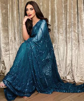 blue georgette sequin saree with blouse 2