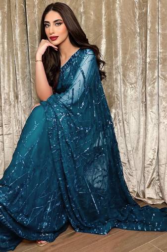 blue georgette sequin saree with blouse