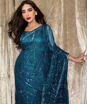 blue georgette sequin saree with blouse 1