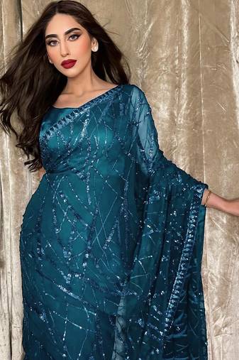 blue georgette sequin saree with blouse