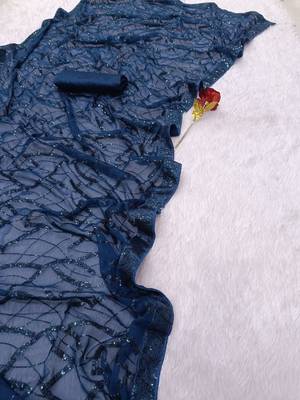 blue georgette sequin saree with blouse 3