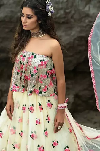 Off White Floral Thread Embroidered Soft Net Party Wear Lehenga Choli