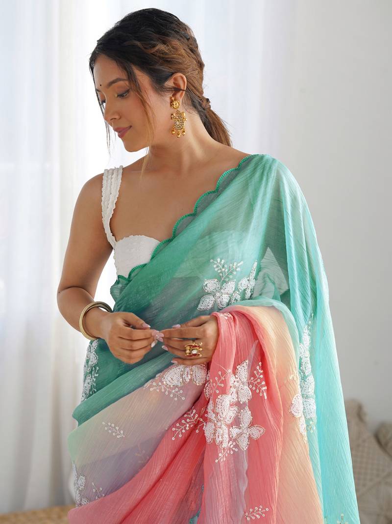 sky blue GOLD CRUSH EMBROIDERED sequin WORK SAREE