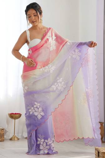 lavender GOLD CRUSH EMBROIDERED WORK SAREE