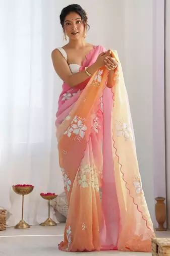 orange GOLD CRUSH EMBROIDERED WORK SAREE