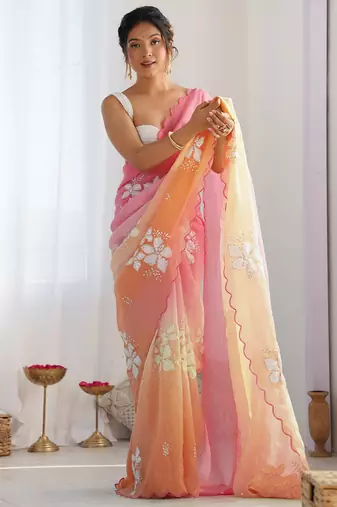 orange GOLD CRUSH EMBROIDERED WORK SAREE
