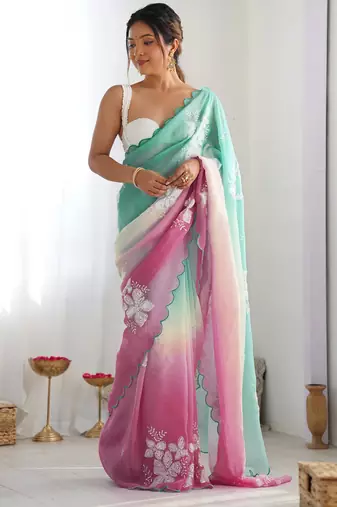 Sky blue GOLD CRUSH EMBROIDERED WORK SAREE