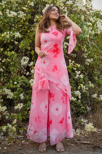 Peach Pink Color Beautiful Kurti Palazzo Set 
