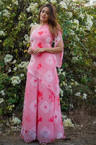 Peach Pink embroidered  Kurti Palazzo Set 