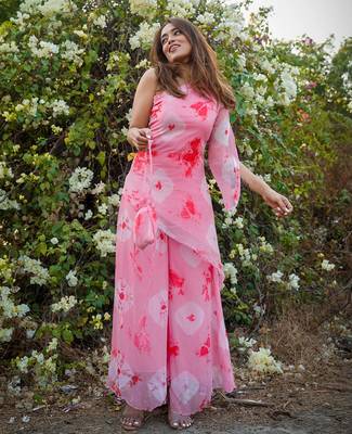 Peach Pink embroidered  Kurti Palazzo Set  4
